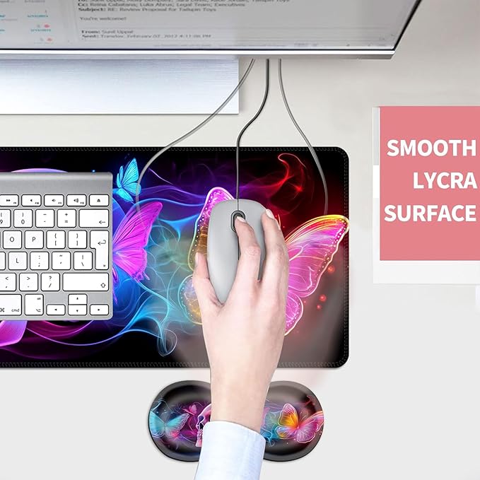 Mouse PadLarge Desk Mat Set 4in1 XL Mousepad + Keyboard Wrist Rest+Mouse Wrist Rest+Coaster with Ergonomic Desk Pad for Home Office Table Computer Cover -Neon Skull with Butterflies