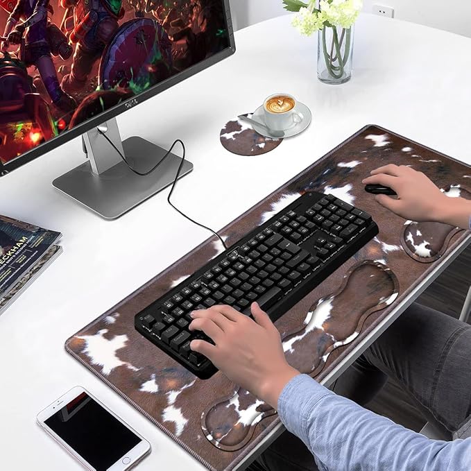 Ergonomic Keyboard Wrist Rest &amp Mouse Pad Wrist Rest Set Large XXL Gaming Desk Mat 31.5x 11.8 with Non-Slip Base Memory Foam Easy Typing Pain Relief for Home &amp Office Brown Cow Print