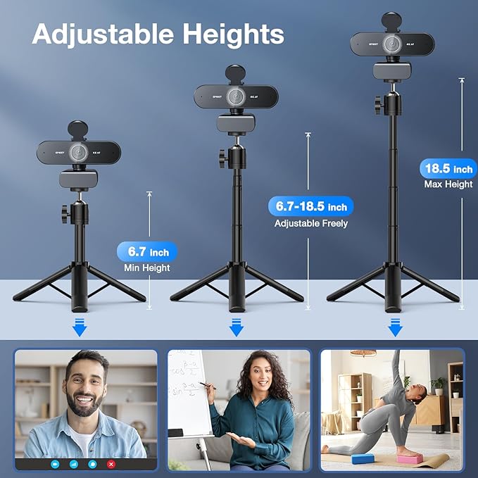 EMEET NOVA 4K Webcam with Tripod - 4K UHD PDAF Autofocus Adjustable Heights with 360° Swivel Head 2 Noise-Cancelling Mics USB Plug&ampPlay Privacy Cover Ideal for Online Meetings&ampLive Strea