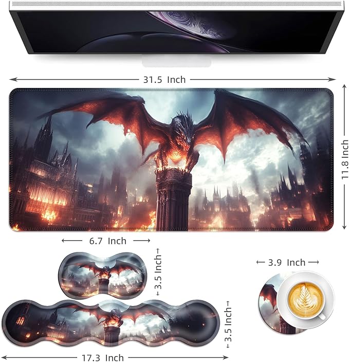 Keyboard Mouse Pad Set Extended Gaming Mouse Pad+Ergonomics Keyboard Wrist Rest Support Memory Foam Easy Typing Pain Relief 4Pcs XL Ultra Thick Desk MatDragon Over Burning Castle