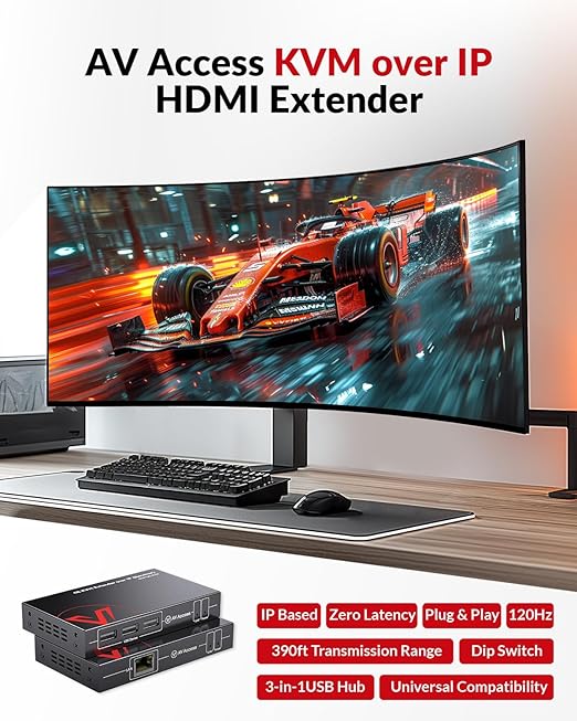 AV Access 4K HDMI USB KVM Extender TCP/IP Over Single Cat5e/6/6a/7 up to 120M(390ft) 1080P@120Hz Plug &amp Play Keyboard &amp Mouse Over Network Zero Latency 3 Ports USB Hub DIP up to 16 Sets