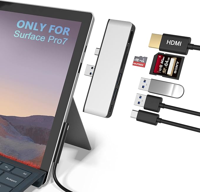Surface Pro 7 USB C Hub 6-in-2 Aluminum Surface Pro 2019 Dock with 4K HDMI Adapter+ USB C Audio &amp Data Transfer Port +2 USB 3.0+SD/TF Card Reader Converter Combo Adaptor for Surface Pro 7