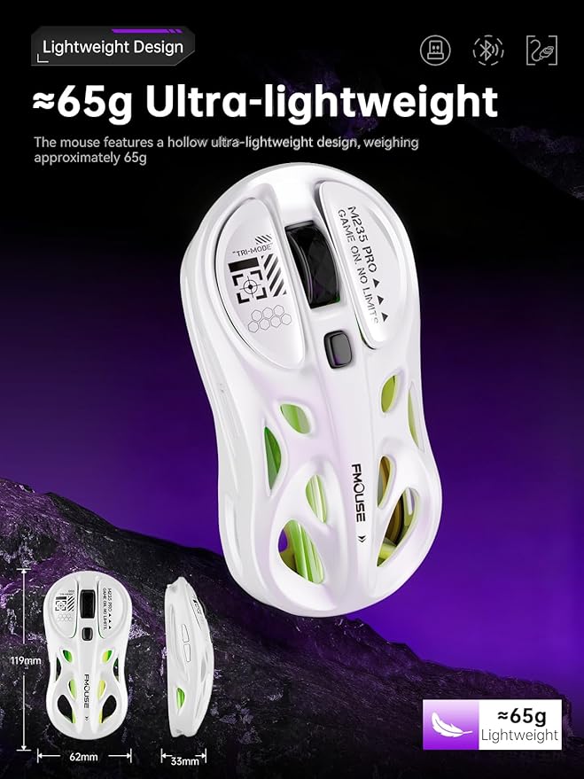 White Gaming Mouse - Tri-Mode Wireless (2.4G/Bluetooth/Wired) Ergonomic Hollow Design RGB Backlight Side Buttons Rechargeable Type-C for Mac/Laptop/iPad (Gaming/Office)