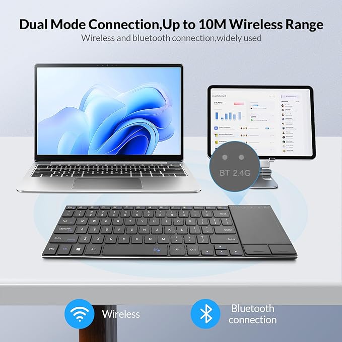 Rii 2.4G Wireless KeyboardBluetooth Keyboard(BT 5.1+2.4G)Aluminium Alloy Portable with Touchpad for ComputerPCTabletiPadAndroid TV BoxSmart TVWindowsMac (Black)