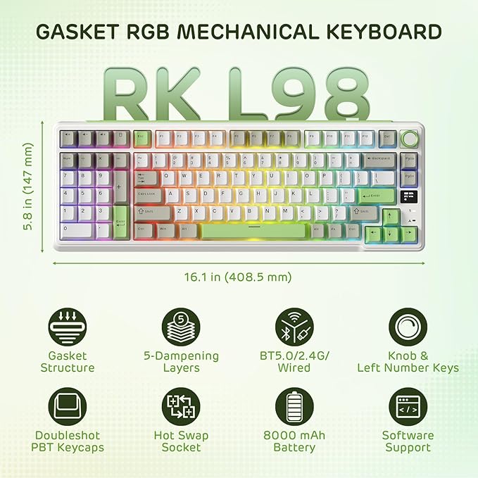 RK ROYAL KLUDGE L98 Wireless Mechanical Keyboard w/Left-Handed Southpaw Design Numpad &amp Hot Swappable Knob Tri-Mode 95% Keyboard BT/2.4G/USB-C Pro Software Gasket Mount Massive 8000mAh Battery