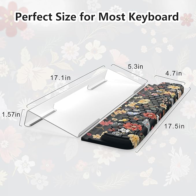 Keyboard Stand for Desktop Floral Wrist Support for Keyboard Anti-Fatigue Memory Foam Wrist Rest 3-Angle Adjustable Acrylic Riser for Office Home (Black Floral)
