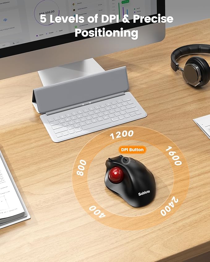 SABLUTE Trackball Mouse with 5-Level DPI Ergonomic Mouse Wireless 2.4G Plug-and-Play for 3 Devices