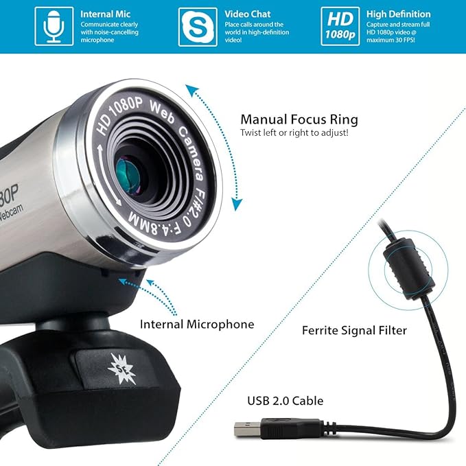USB 2.0 HD Pro Widescreen Video Full 1080p Webcam with Built in Microphone and Flex Stand for Windows PC Laptops and Apple OS X