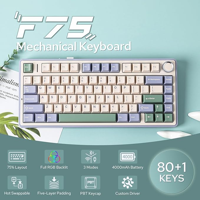 EPOMAKER x Aula F75 Gasket Mechanical Keyboard 75% Wireless Hot Swappable Gaming Keyboard with Five-Layer Padding&ampKnob Bluetooth/2.4GHz/USB-C RGB (Green Crescent Switch)