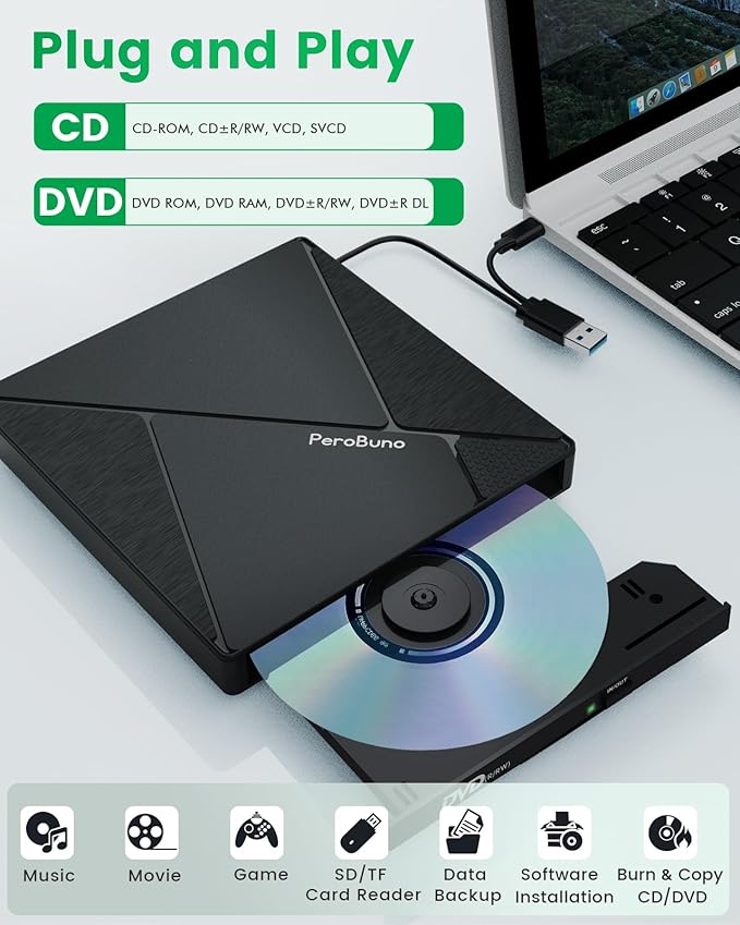 PeroBuno External CD DVD Drive USB 3.0 Optical Disc Drive 4 USB Ports and 2 TF/SD Card Slots CD DVD Burner Writer Reader Player for Laptop MacBook iMac Desktop PC Windows 11/10/8/7/XP Linux Mac OS