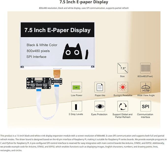7.5 Inch E-Paper Display HAT for Raspberry Pi 800x480 Monochrome E-Ink Screen with SPI Interface Compatible with Arduino STM32 ESP32 – Partial &amp Full Refresh