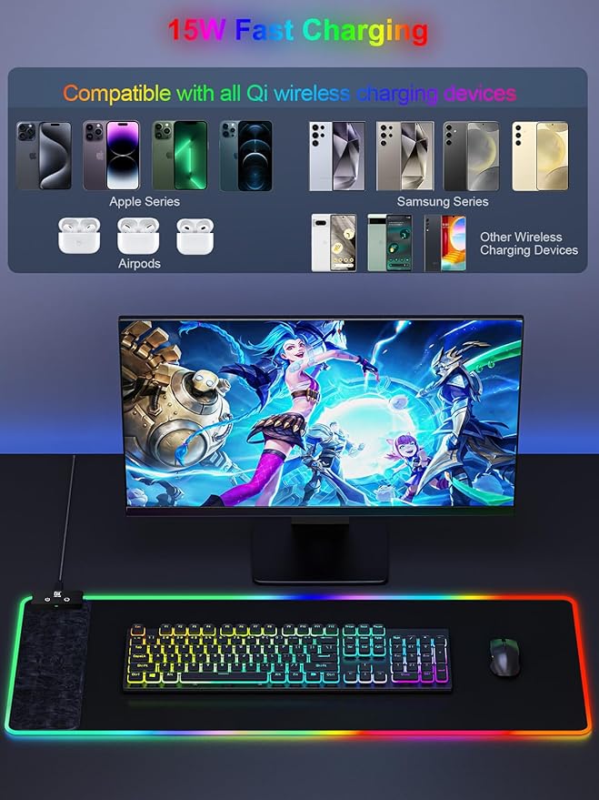 RGB Gaming Mouse Pad with Fast Wireless Charger LED Extended Desk Mat Home Office Large Desk Pad with Ultra-Smooth Surface Non-Slip Base Waterproof Keyboard Pad (Black)