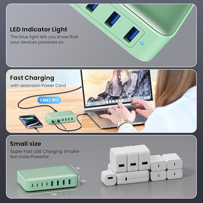 USB C Charger 200W USB C Charger Block GaN III 8-Port Fast Charging Station PD 65W Laptop Charger Adapter Compatible with MacBook Pro/AirDELLHP SurfaceiPhone 15/14/13Galaxy S23/22 (G)