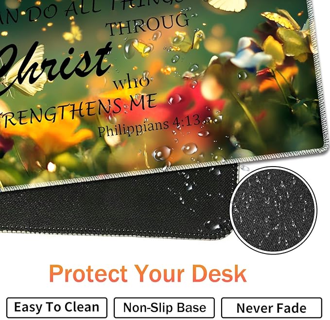 Extended Non-Slip Mouse Pad + Mouse Wrist Rest + Lace-Shaped Coaster Set Ergonomic Design Suitable for Desk and Home Gaming Table Mat Butterflies and Philippians 4-13