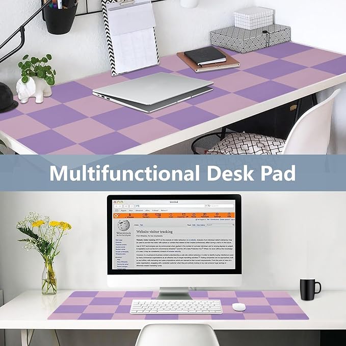 Mouse Pad Desk Mat Leather Desk Pad Large Gaming Desk Cover Protector Mat for Keyboard Computer Laptop Office Waterproof 35.4 x 16.5 Inch Checkered Purple