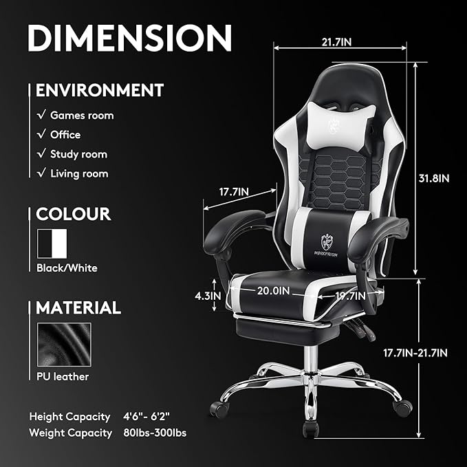 Gaming ChairComputer Office Chair with FootrestMassage Lumbar Support and Gel PadErgonomic Reclining Adjustable Leather Gamer Chair with Headrest and Spring Cushion Black White