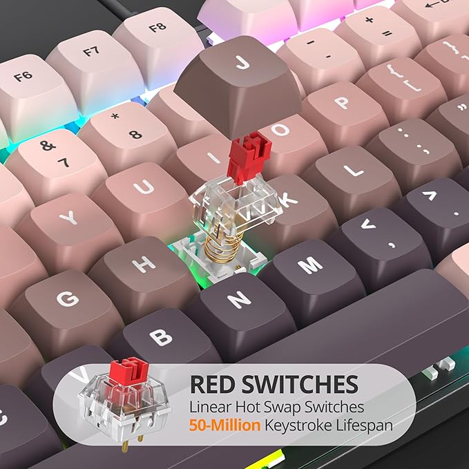 Wired Full Size Pink Mechanical Keyboard 104 Keys Creamy Keyboard with Number Pad RGB Gaming Keyboards Linear Red Switch NKRO for Windows Laptop PC Gamer(104 Black Pink)