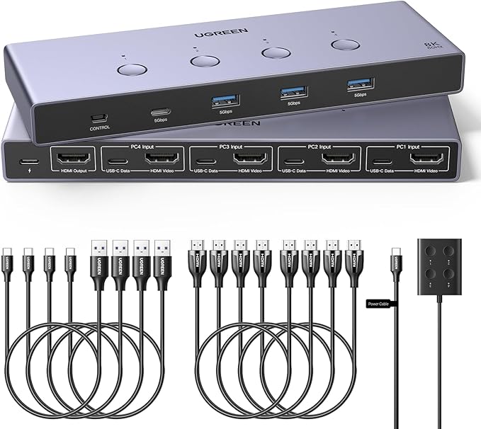 UGREEN 8K@60Hz HDMI KVM Switch 4 Computers with 4 USB 3.0 Ports Aluminum KVM Switches Share One Monitor Keyboard Mouse Hard Drives Printer with 4 HDMI Cables 4 USB Cables and Desktop Controller