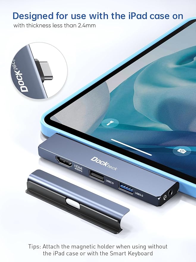 iPad Pro USB C Hub Multiport Adapter - Dockteck USBC Hub 5 in 1 with 100W PD 4K 60Hz HDMI Audio USB 3.0 USB C Dock with Magnetic Grip for iPad Pro 12.9 2021 2020 2018 iPad Air iPad mini 6