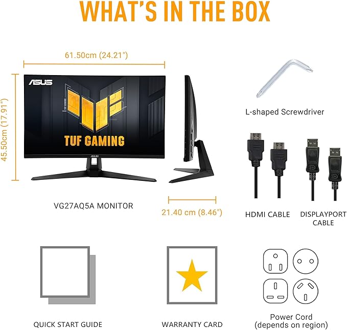 ASUS TUF Gaming 27” 1440P Monitor (VG27AQL5A) – QHD (2560 x 1440) 210Hz 0.3ms Fast IPS Extreme Low Motion Blur Sync Speakers DisplayWidget Center Gaming AI Height Adjustment 3 yr Warranty