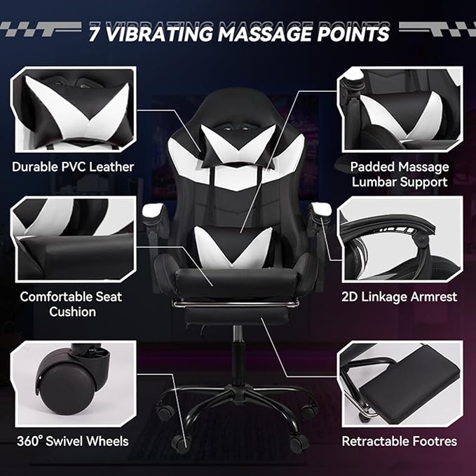 Gaming Chair Computer Chair with Footrest and Lumbar Support &amp LED Height Adjustable Game Chair with 360°-Swivel Seat and Headrest and for Office or Gaming
