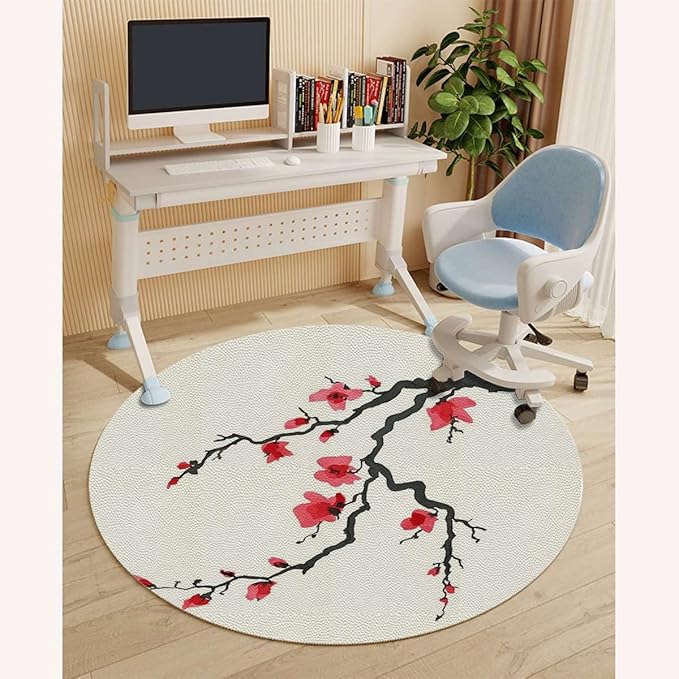 Cinnamon Red PU Leather Computer Chair Mat for Rolling Chair Simplistic Cherry Blossom Under Desk Low-Pile Office Rug Large Anti-Slip Multi-Purpose Japanese Diameter 59 in