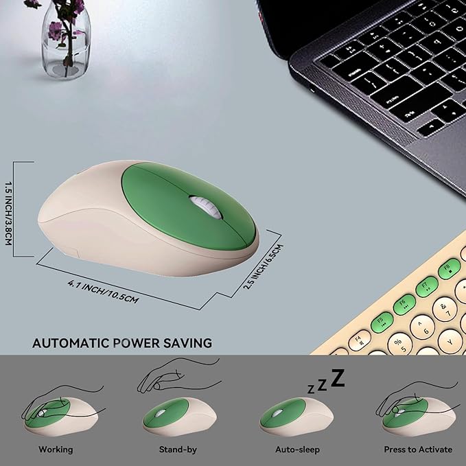 FD Wireless Keyboards and Mouse Combo - 2.4GHz USB Cordless Cute Wireless Keyboard Round Keys Quiet and Slim Set for Laptop Computer TV and Mac - Milky White Green Colorful