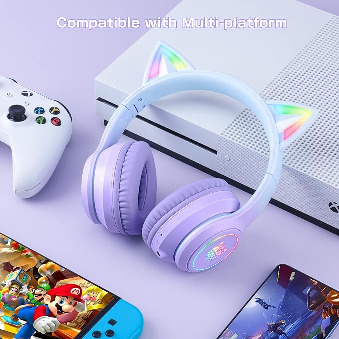 Bluetooth Cat Ear Headphones for Kids &amp Adults Wireless &amp Wired Mode Foldable Headset with Mic - Clear Sound Quality - RGB LED Light for Girls School Gaming for Phone/Laptop/PC/Tablet Purp
