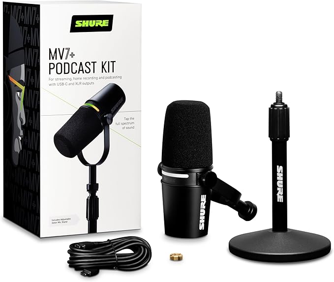Shure MV7+ Podcast Dynamic Microphone with Stand – OBS Certified Enhanced Audio LED Panel USB-C &amp XLR Outputs Auto Level Mode Digital Pop Filter – for Podcasting Streaming and Recording Bl