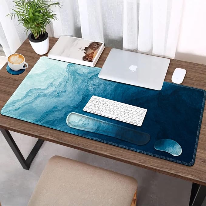 AIMSA Large Gaming Mouse Pad Set Keyboard Wrist Rest Support + Extended Mouse Pad + Mouse Wrist Cushion + Coaster Ergonomic Memory Foam Multifunctional Desk Mat 35x15.7inch (Dark Blue Waves)