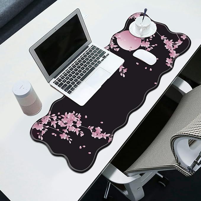 Sakura Cherry Blossom Desk Mat Mouse Pad 31.5 x11.8 XL Extended Mousepad Huge Mouse Pads with Stitched Edges Desk Pad for Work Game Office Home