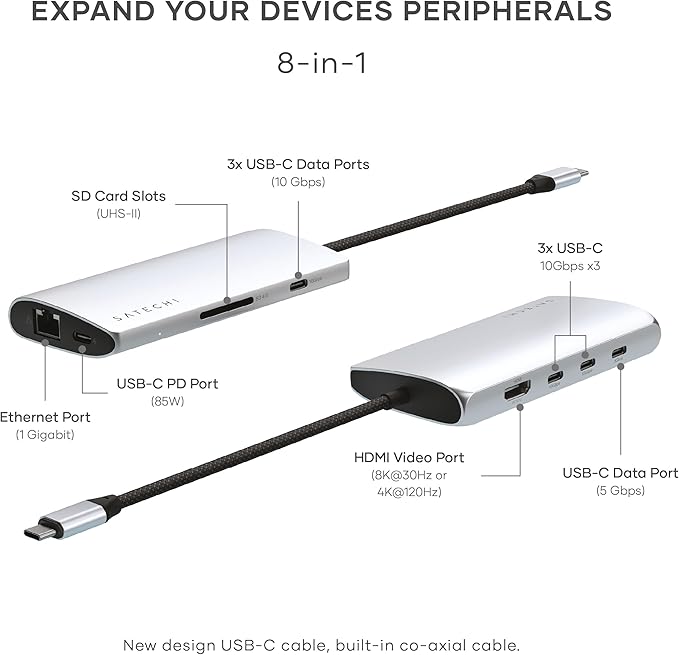 Satechi 8 in 1 USB C Hub Multiport Adapter V3 8K HDMI 100W Charging 4 USB Data Ports Ethernet SD Card Reader for Laptop for Mac/Windows MacBook Air/Pro M5/M4 iPad - Silver