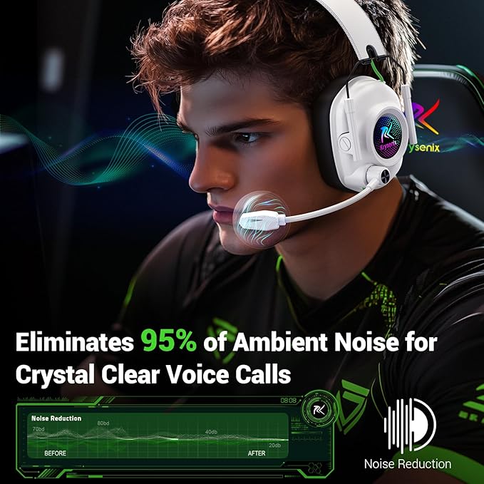 2.4 GHz Wireless Gaming Headset for PC PS5 PS4 Switch Mac Bluetooth 5.4 Gaming Headphones with Noise Canceling Microphone Cool RGB Lighting 50Hr Battery Foldable 50mm Drivers-White