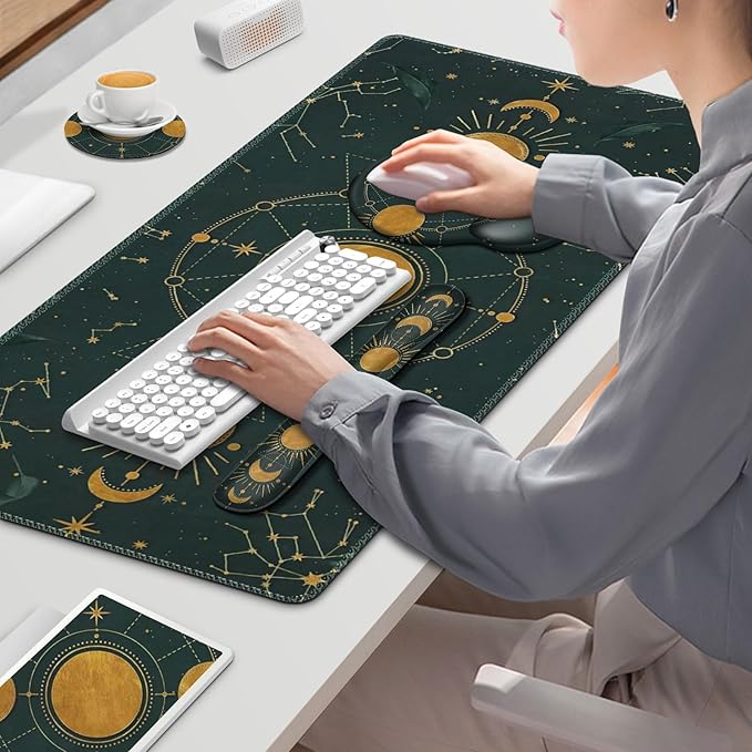 Large Desk Mat Gaming Mouse Pad Desk Pad Protector XXL Mousepad + Keyboard Wrist Rest+Mouse Wrist Rest+Coaster Ergonomic Desk Pad for Home Office Decor Dark Green Gold Moon Phases Constellation