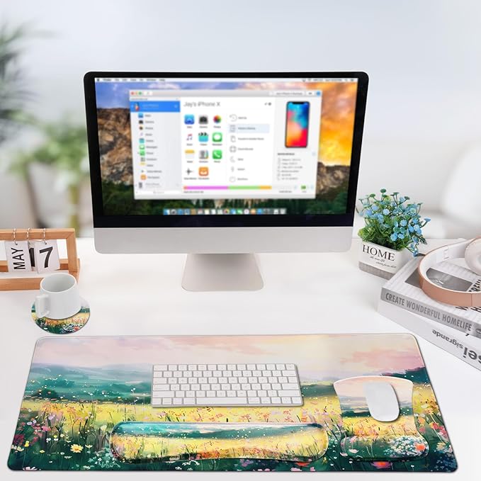 MEGREZ 4-in-1 Ergonomic Memory Foam Wrist Rest Set Desk Pad Mouse Pad with Wrist Rest Keyboard Pad Suitable for Office Workers Programmers &amp Gamers–Relieve Typing &amp Gaming Fatigue The Wi