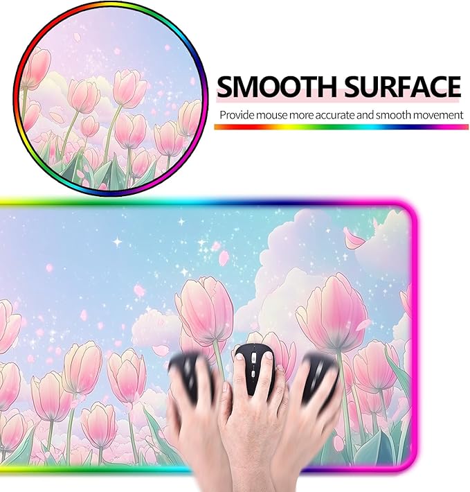 RGB Pink Flower Tulips Gaming Desk Mat Computer Keyboard Large Extended Long Floral LED Mouse Pad for Office and Home XL (W30)