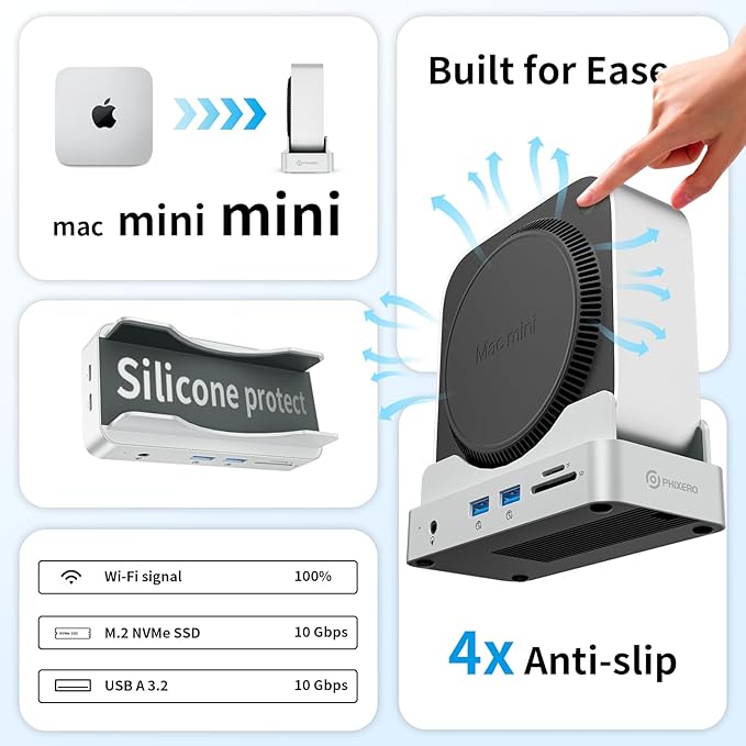 PHIXERO Mac mini M4 Dock and Stand with Up to 8TB M.2 NVMe SSD Enclosure 6-in-1 Aluminum Hub 10Gbps USB-A&ampC SD/TF Reader Stand Docking Station for Mac mini M4/M4 Pro