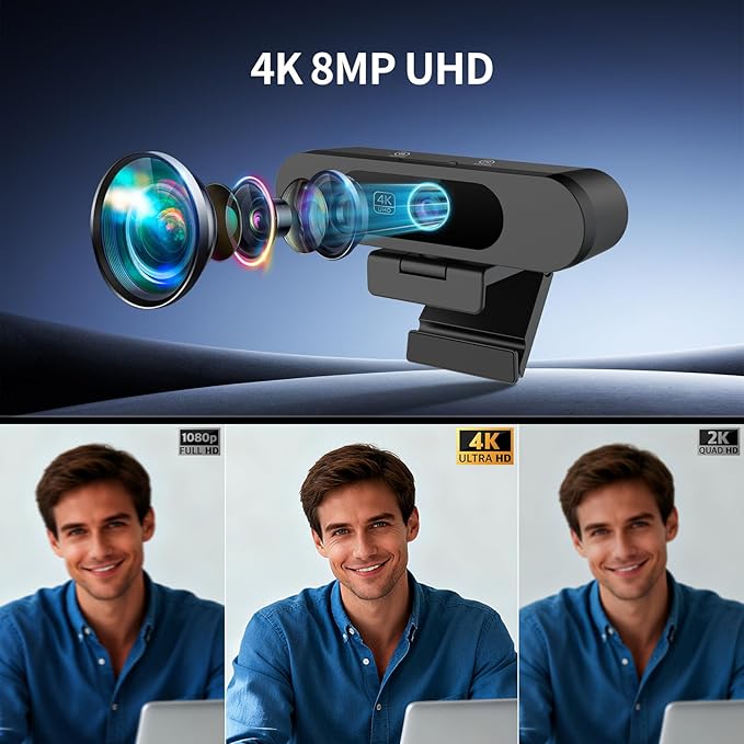 4K Webcam for PC 8MP USB Webcam with Dual Noise-reducing Microphones Picture-in-picture Auto Framing 5X Zoom 92° Wide FOV Auto Light Correction Perfect for Conference Video Callings Streaming