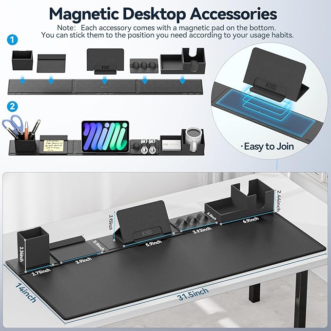 KDD Desk Pad Mat Set 6 in 1 Mouse Mat with Magnetic Desktop Storage Accessories DIY Feature for Phone and Tablet Stand/Cup Holder/Pen Card Holder/Cable Management for Home Office Accessories