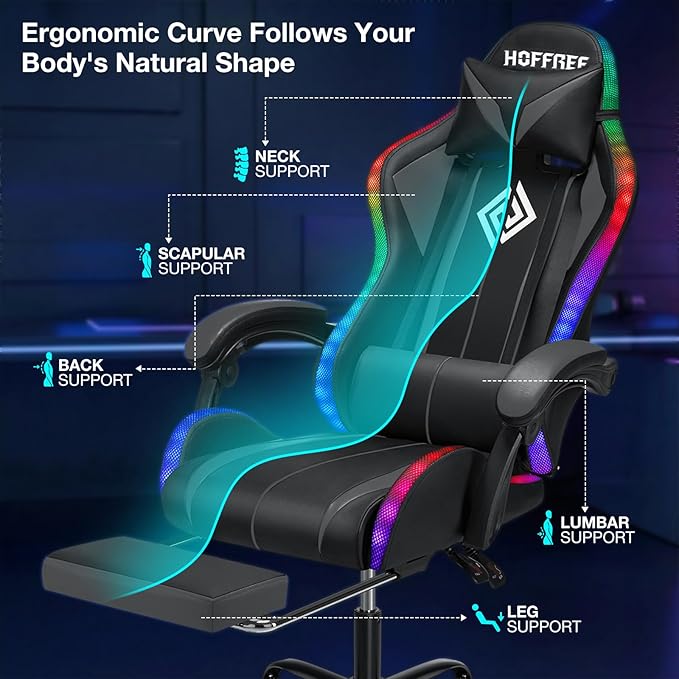 Gaming Chair Massage with LED RGB Lights and Footrest Ergonomic Computer Chair High Back Video Game Chair with Adjustable Lumbar Support Linkage Armrest Grey and Black