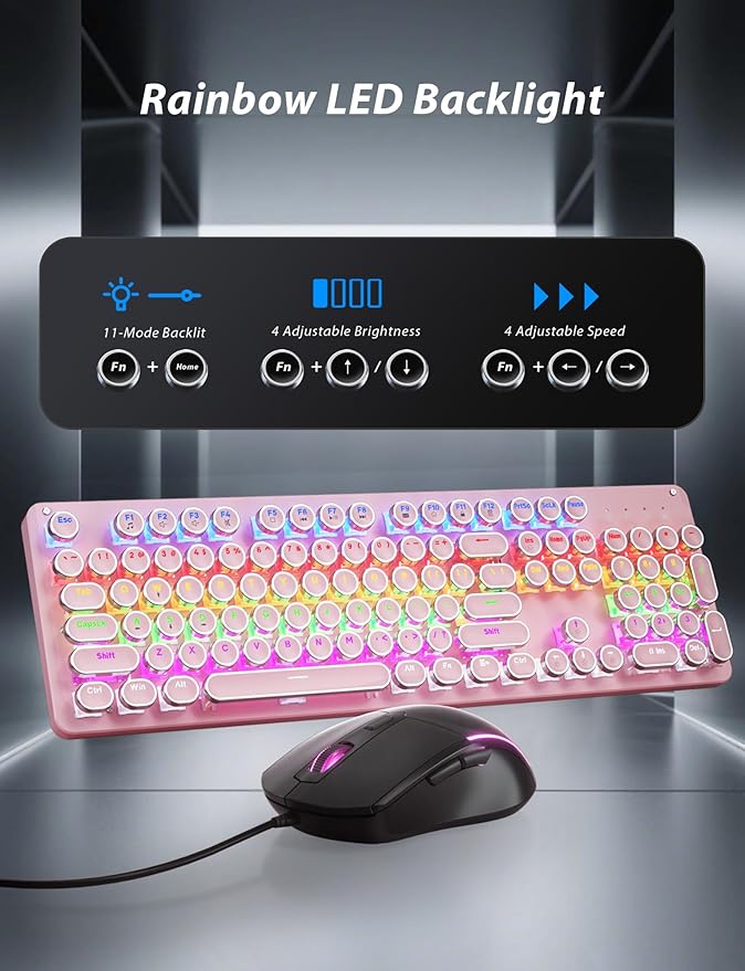 Typewriter Mechanical Gaming Keyboard and Mouse Metal Panel Retro Keyboards with Round Keycap Blue Switch Rainbow LED Backlit 104-Key Anti-Ghost Wired Mouse and Pad Combo for PC Laptop Mac Gamer