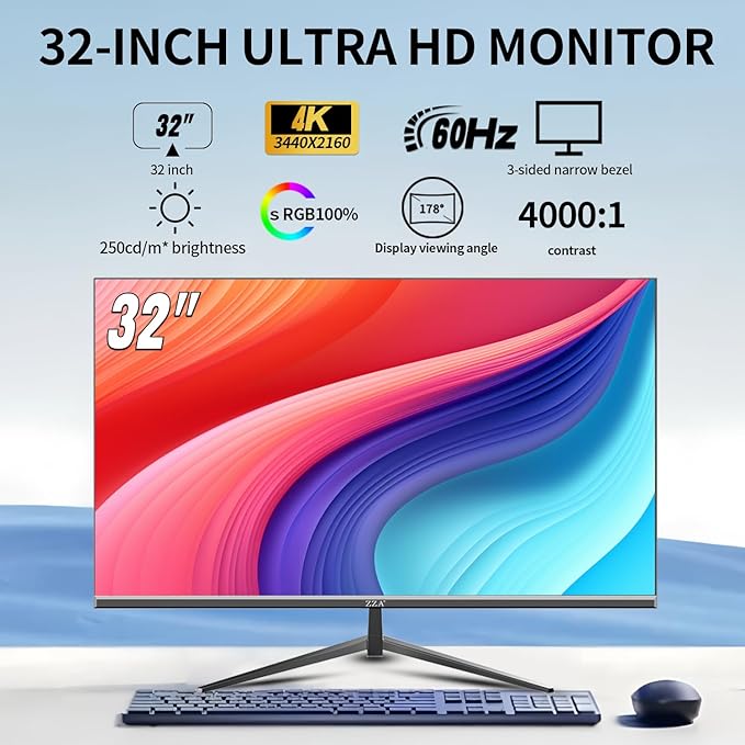 ZZA 32 Inch Computer Monitor 4K Monitor 60HZ UHD(3840 * 2160P) IPS Screen with Ultra-Thin BezelsHDR10HDMI/DP Ports Tilt Adjustable Eyecare Ideal for Business Office and Casual Gaming