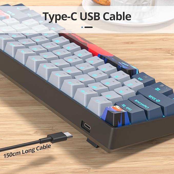 surmen 60% Wired Mechanical Gaming Keyboard 61 Keys Backlit Ultra-Compact Mini Office Keyboard 60 Percent with Linear Red Switch for PC/Mac Gamer Typist (61 Shark)