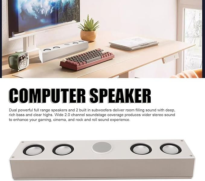 Goshyda Bluetooth Computer Speakers for PC Desktop Gaming PC Sound Bar 3.5mm Wired USB Powered HiFi Stereo Sound FM Radio 12/24 Hour Clock with Dual Alarms (White)