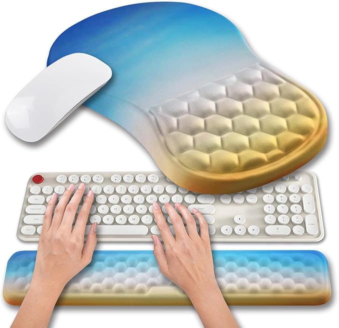 Hokafenle 2 in 1 Ergonomic Mouse Pad Wrist Support &amp Wrist Rest for Computer Keyboard Set with Relieve Carpal Tunnel Pain Massage Bulge and Full Memory Gel Design (2In1 Set Morning Sky)
