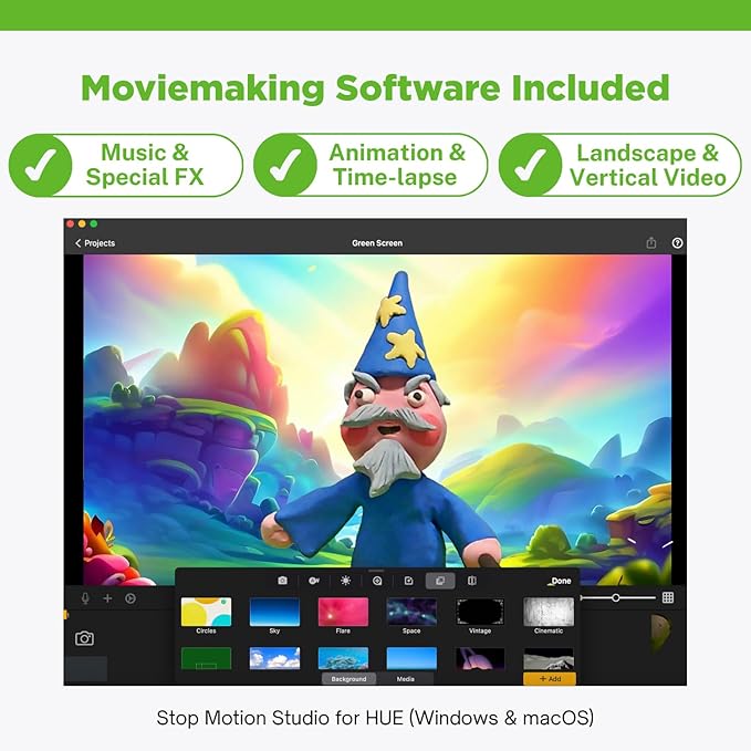 HUE Animation Studio: Complete Stop Motion Kit (Camera Software Book) for Windows/macOS (Green) with Carry Case