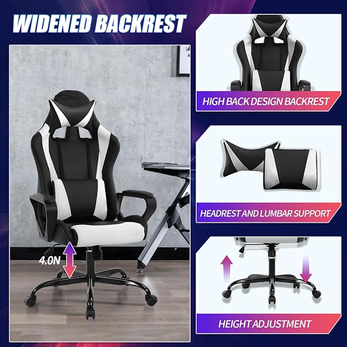 Gaming Chair Office Chair High-Back Ergonomic Video Game Chairs for Kids Teen Adult Height Adjustable Reclining Computer Chair with Lumbar Support Armrest Headrest Game Chair - White
