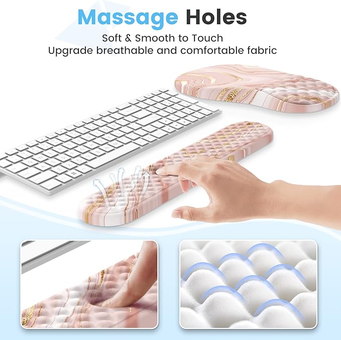 HAOCOO Keyboard Wrist Rest Ergonomic Mouse Pad with Wrist Rest 3 in 1 Keyboard and Mouse pad with Coaster Set Memory Foam Wrist Support Non-Slip PU Base for Home Office Rose Gold Pink