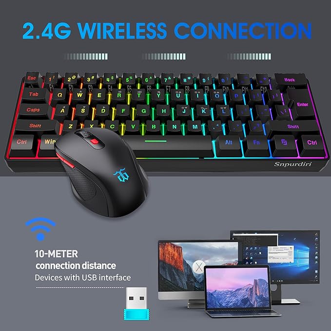 Snpurdiri 60% Wireless Gaming Keyboard and Mouse Combo Include 2.4G Small Mini 60% Merchanical Feel Keyboard Ergonomic Design Vertical Feel Wireless Mouse