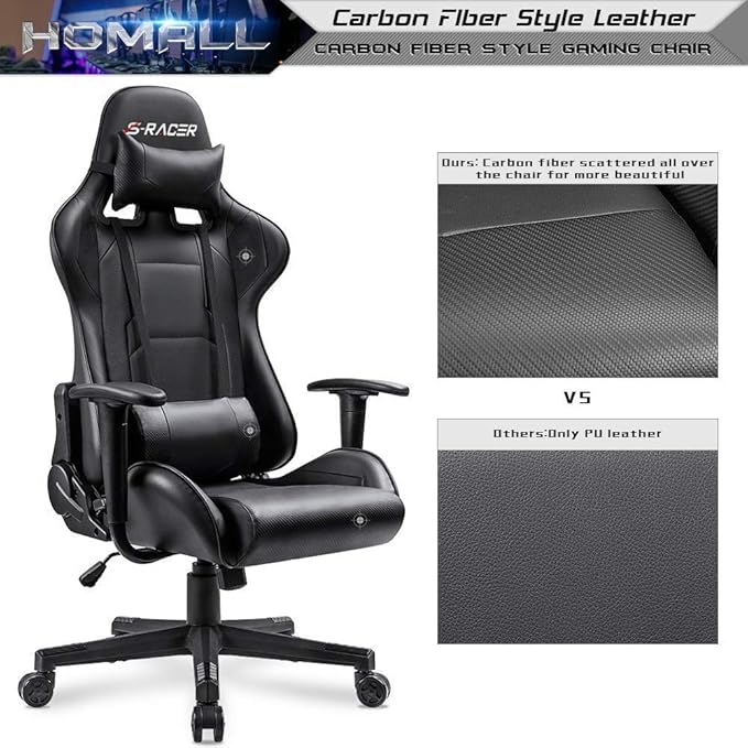 Homall Gaming Chair Office Chair High Back Computer Chair Leather Desk Chair Racing Executive Ergonomic Adjustable Swivel Task Chair with Headrest and Lumbar Support (Dark Black)